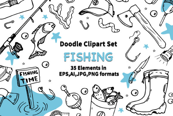 Download Doodle Clipart Set Fishing. Line Art - Line art Collection